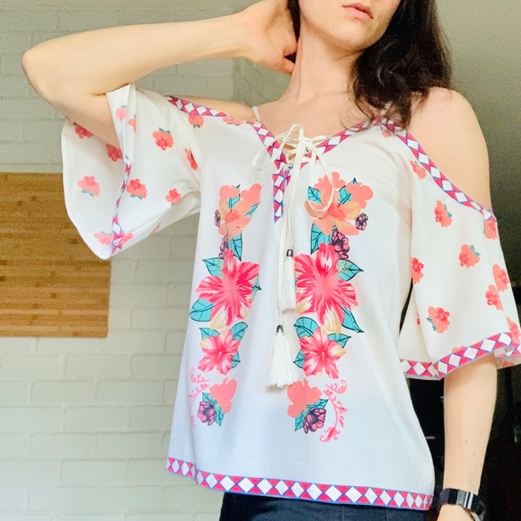 Cupid’s Diary Tops - Boho Cold Shoulder Corset Tie Crop Floral Top Med